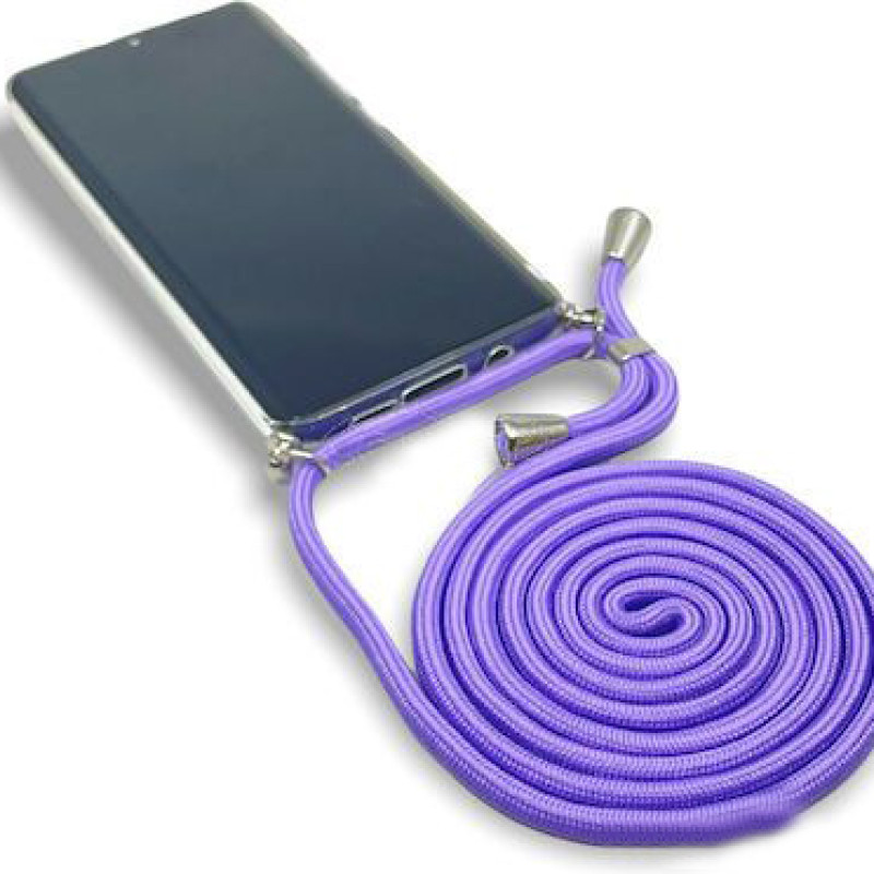Θήκη Πλάτης Σιλικόνης με Μωβ Λουράκι για Apple iPhone 14 Plus - Χρώμα: Διάφανο