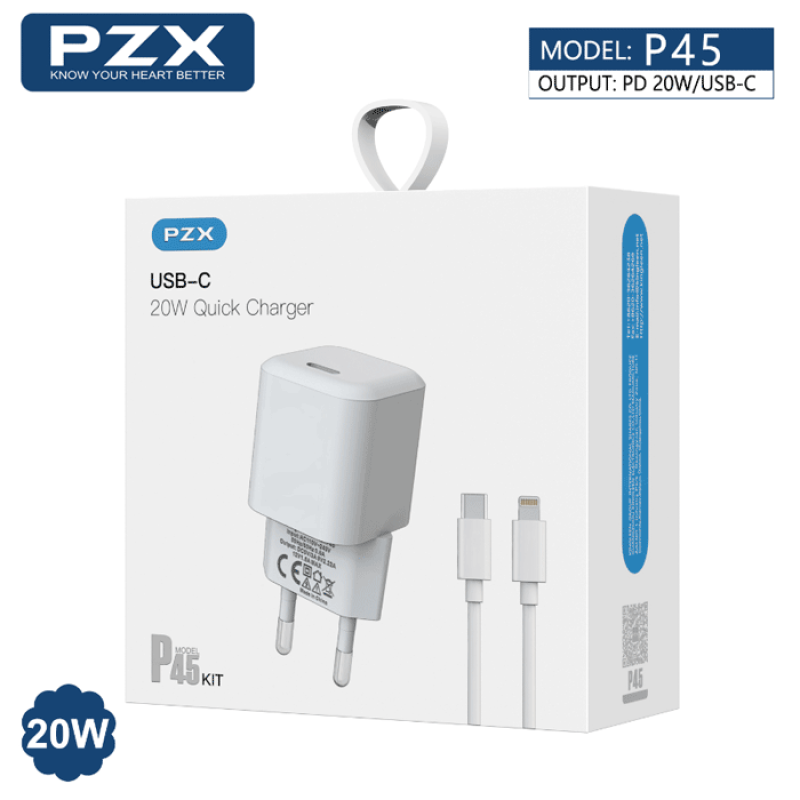 PZX P45 PD Fast Charging Φορτιστής SmartPhone με 1 θύρα Type-C και Καλώδιο σε Lightning 20W - Χρώμα: Λευκό