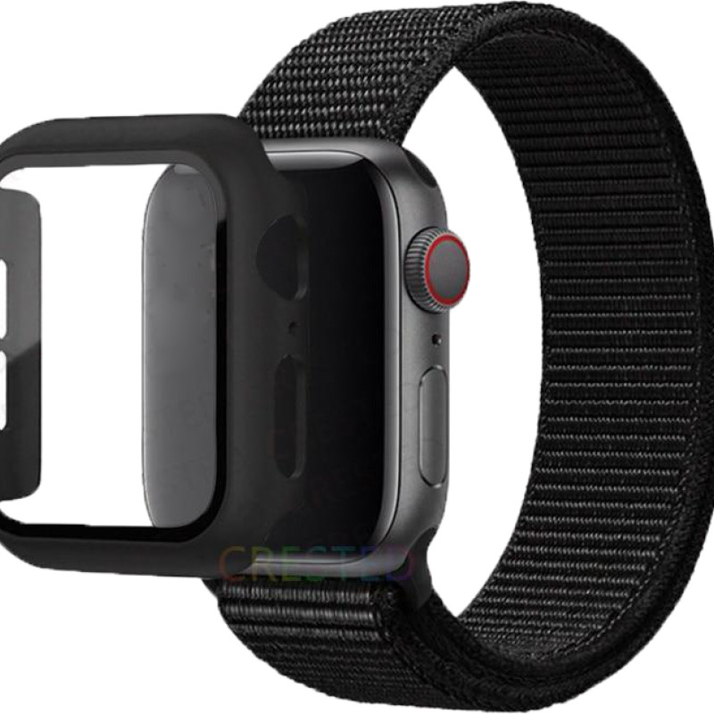 Υφασμάτινο Λουράκι & Θήκη με Τζαμάκι για Apple Watch 45mm - Χρώμα: Μαύρο