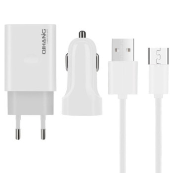 QIHANG QH-Z14 Σετ Αυτοκίνητου και Πρίζας με Θύρα USB-A και Καλώδιο micro USB - Χρώμα: Λευκό