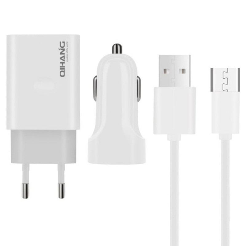 QIHANG QH-Z14 Σετ Αυτοκίνητου και Πρίζας με Θύρα USB-A και Καλώδιο micro USB - Χρώμα: Λευκό