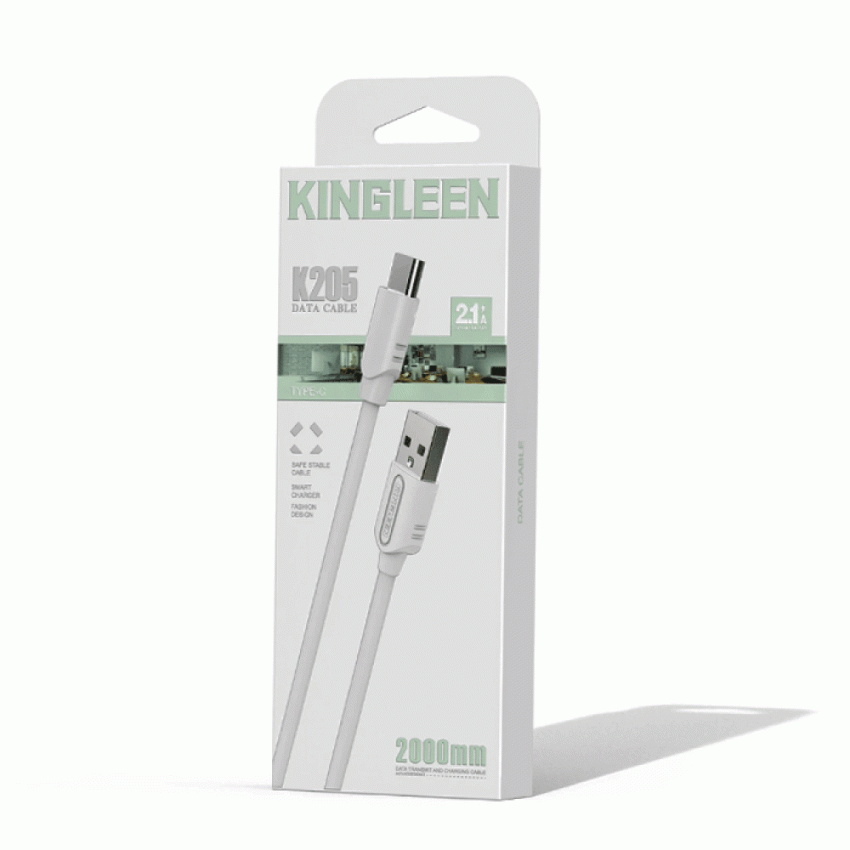 KINGLEEN K205 Καλώδιο Φόρτισης & Μεταφοράς Δεδομένων USB σε Type-C 2.1A 2m - Χρώμα: Άσπρο