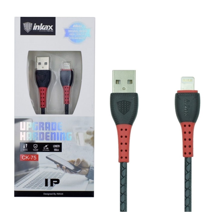 inkax- CK-75  Lightning USB 2.1Α Καλώδιο Φόρτισης 1μ - Χρώμα: Μαύρο/Κόκκινο