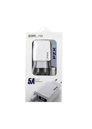 PZX P40 Φορτιστής Ταξιδιού USΒ και Καλώδιο Lightning Σετ / Traveling USB Charger with Charging Cable Lightning Set 5A / Q.C 5.0 1Μ - Χρώμα : Λευκό