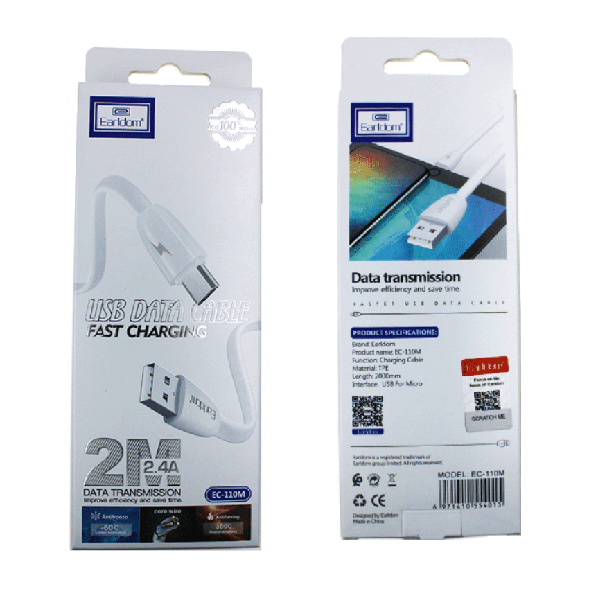 Earldom EC-110M Καλώδιο Γρήγορης Φόρτισης Micro-USB 2.4Α 2M - Χρώμα: Μαύρο