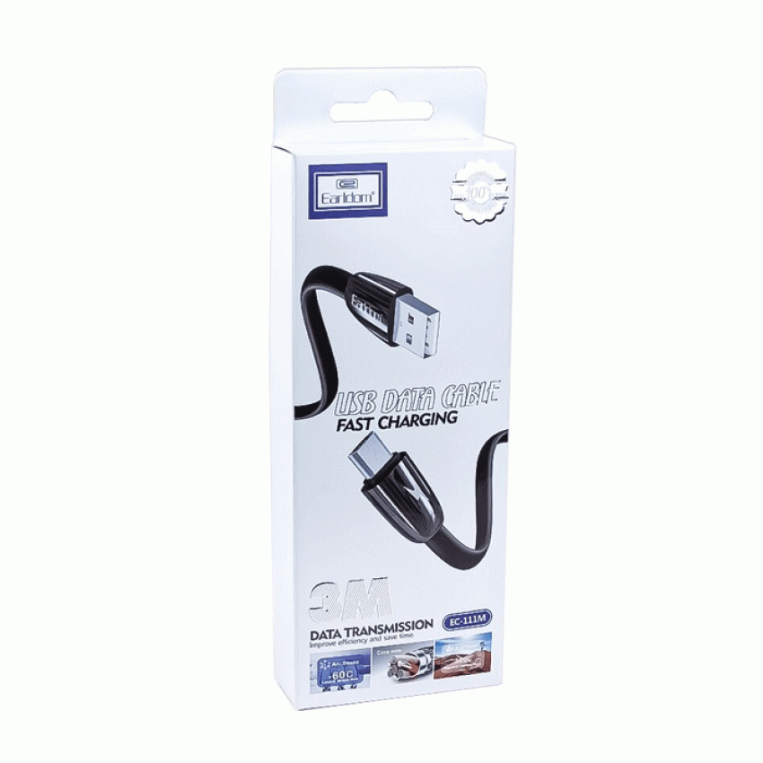 Earldom EC-111M Καλώδιο Γρήγορης Φόρτισης Micro-USB 2.4Α 3M - Χρώμα: Μαύρο