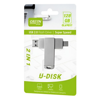 GREEN LYCA GL69851 128GB Data Traveler USB 2in1 Flash U-Disk με Σύνδεση USB-A & Type-C - Χρώμα: Ασημί