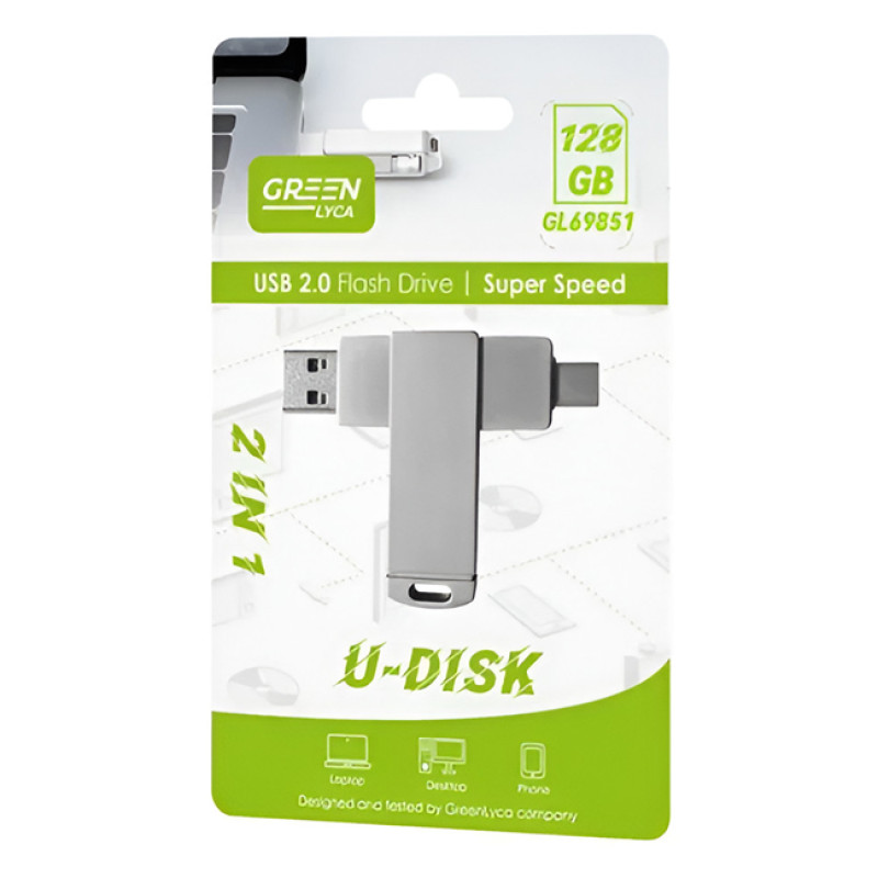 GREEN LYCA GL69851 128GB Data Traveler USB 2in1 Flash U-Disk με Σύνδεση USB-A & Type-C - Χρώμα: Ασημί GREEN LYCA GL69851 128GB Data Traveler USB 2in1 Flash U-Disk με Σύνδεση USB-A & Type-C - Χρώμα: Ασημί