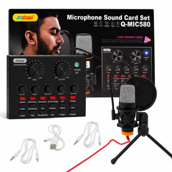 Andowl Q-MIC580 Εξωτερική Επαγγελματική Κάρτα Ήχου με Συνδεσιμότητα 3.5mm / USB Microphone Soundcard Set - Χρώμα: Μαύρο