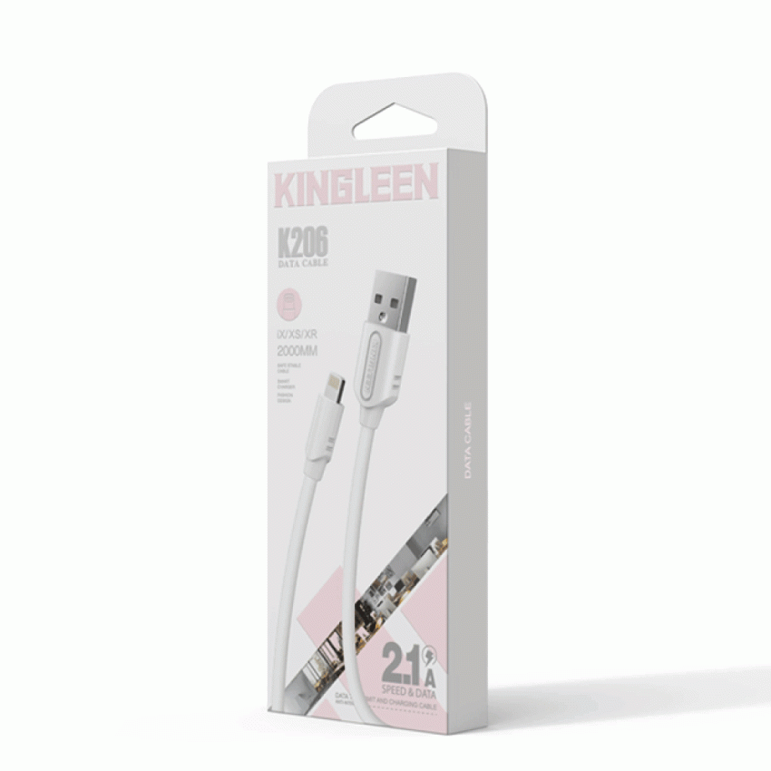 KINGLEEN K206 Καλώδιο Φόρτισης & Μεταφοράς Δεδομένων USB σε Lightning 2.1A 2m - Χρώμα: Άσπρο