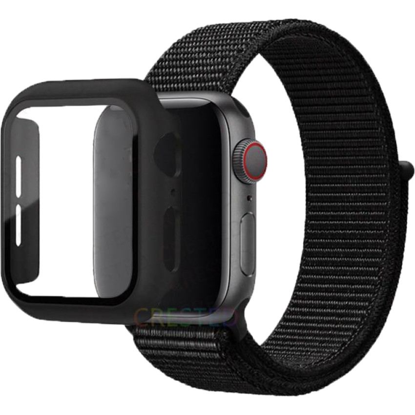 Υφασμάτινο Λουράκι & Θήκη με Τζαμάκι για Apple Watch 45mm - Χρώμα: Μαύρο