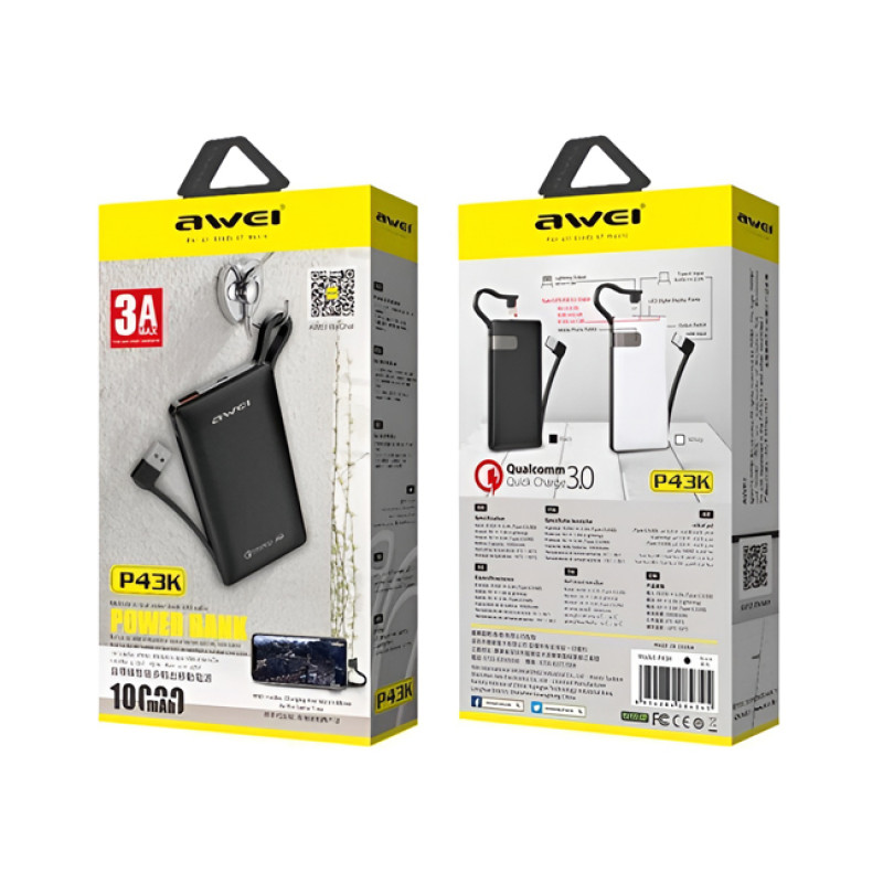 Awei P43 PowerBank με 2 Θύρες USB-A 10000mAh - Χρώμα: Μαύρο