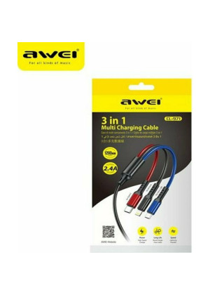 Awei CL-971 Καλώδιο Φόρτισης 3in1 με Υποδοχές Type-C / Lightning / Micro USB 1.2m - Χρώμα: Μαύρο