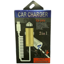 Car Charger Black with 1x USB Fast Charging 3.1A & Built-in Micro USB Cable 1m - Color: White