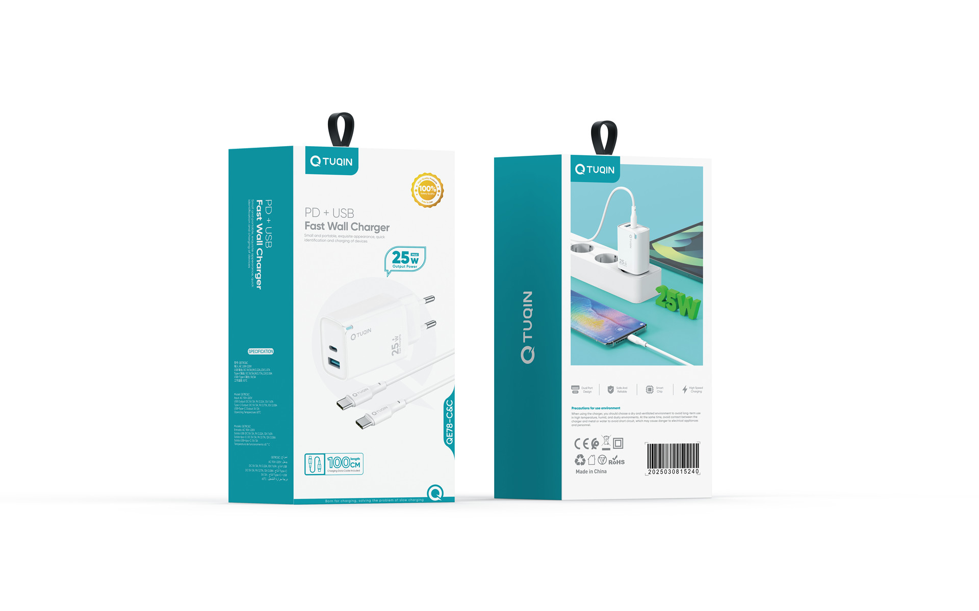 TUQIN QE78 25W Φορτιστής Γρήγορης Φόρτισης με Θύρες USB-C & 1x Θύρα USB-A με Καλώδιο Type-C σε Type-C 1m - Χρώμα: Λευκό