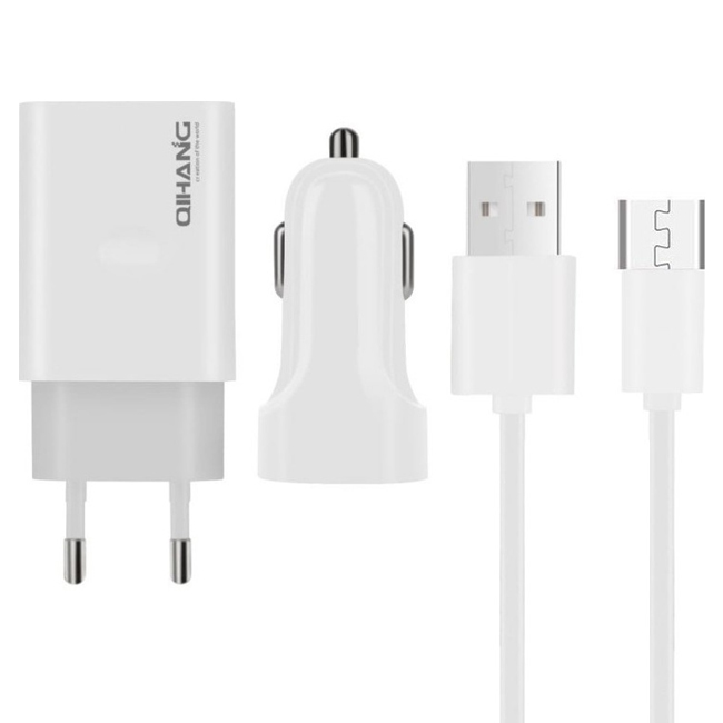 QIHANG QH-Z14 Σετ Αυτοκίνητου και Πρίζας με Θύρα USB-A και Καλώδιο micro USB - Χρώμα: Λευκό